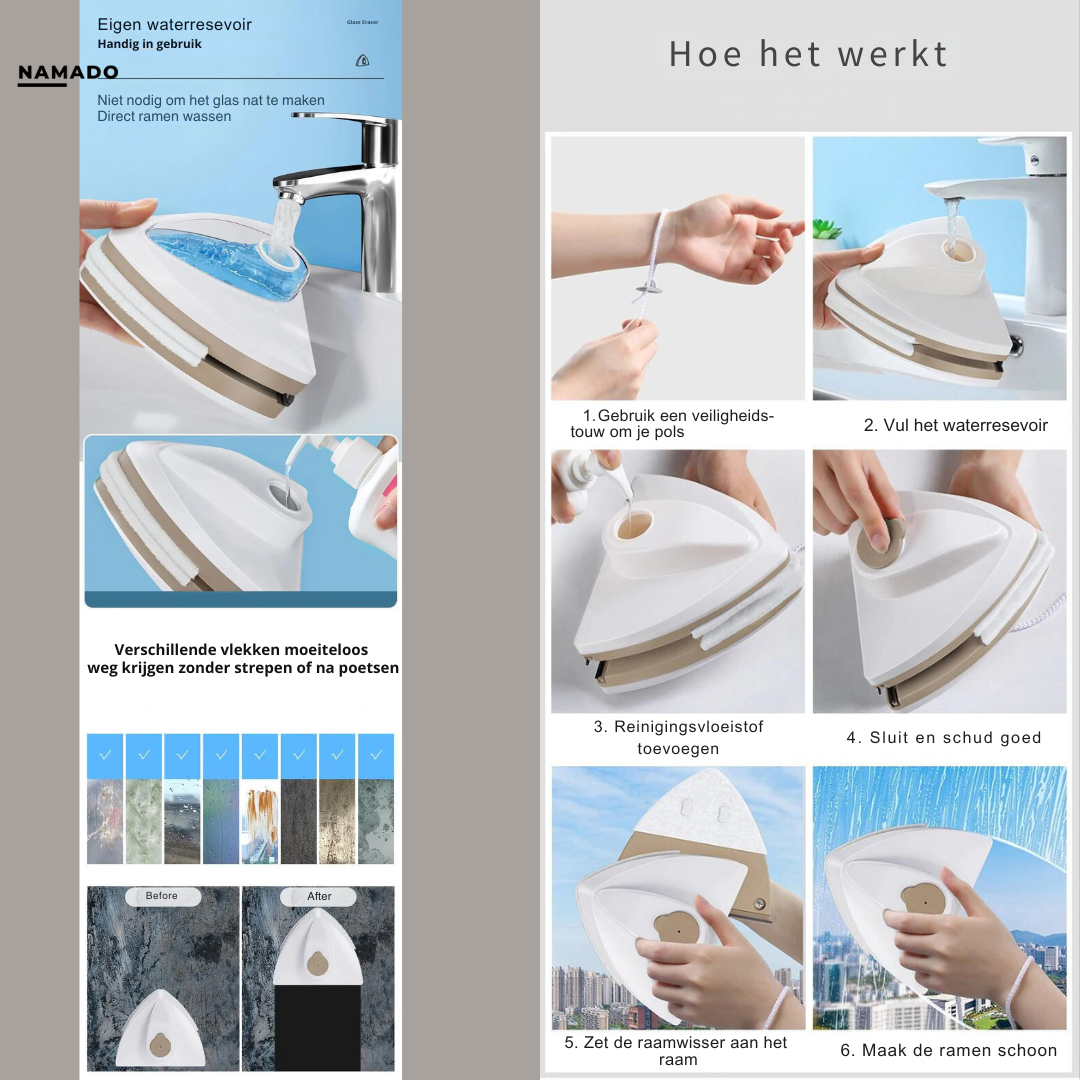 Namado RaamWonder™ Pro - Altijd schone ramen met de magnetische wisser